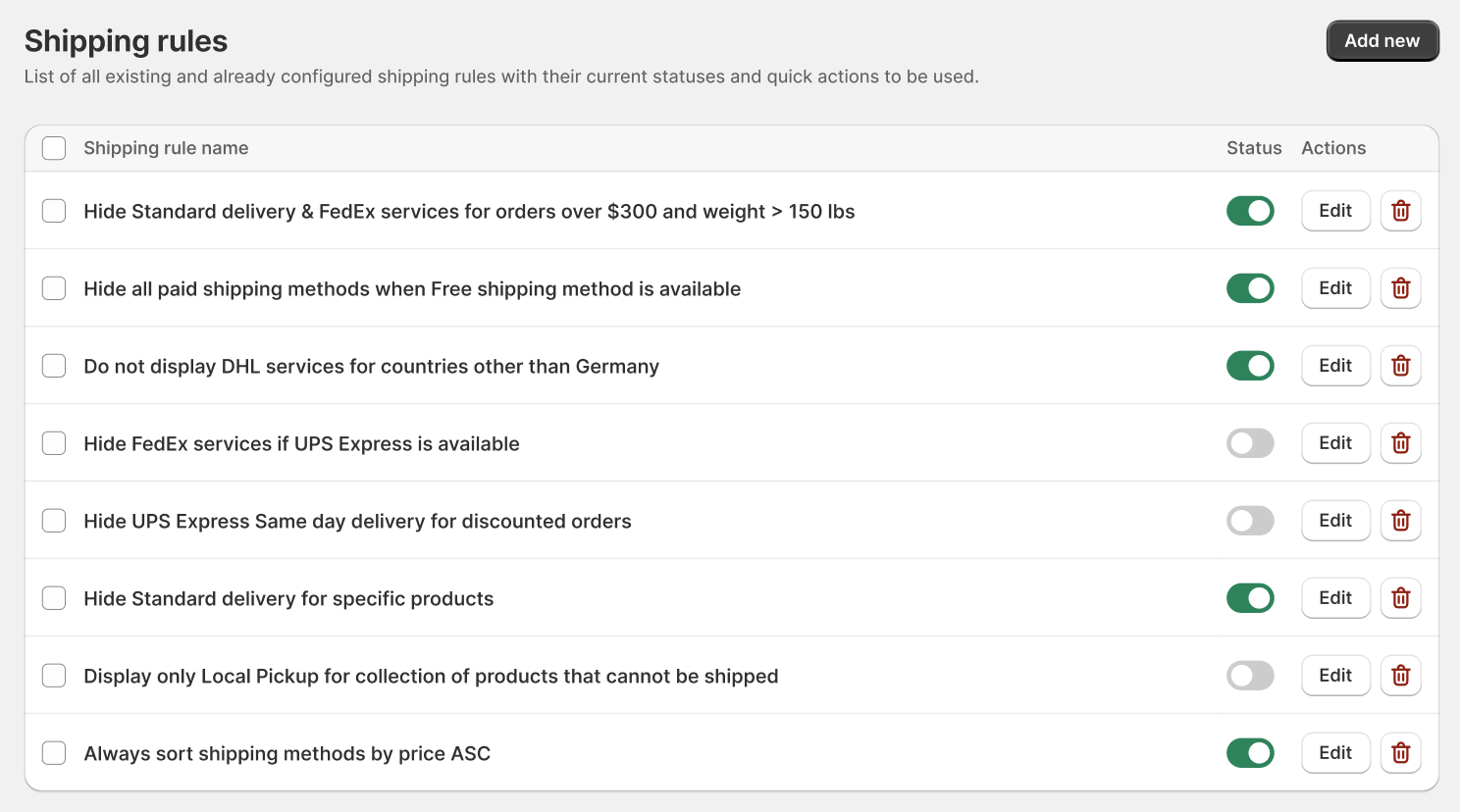 Octolize Hide & Sort Shipping - Shipping rules table