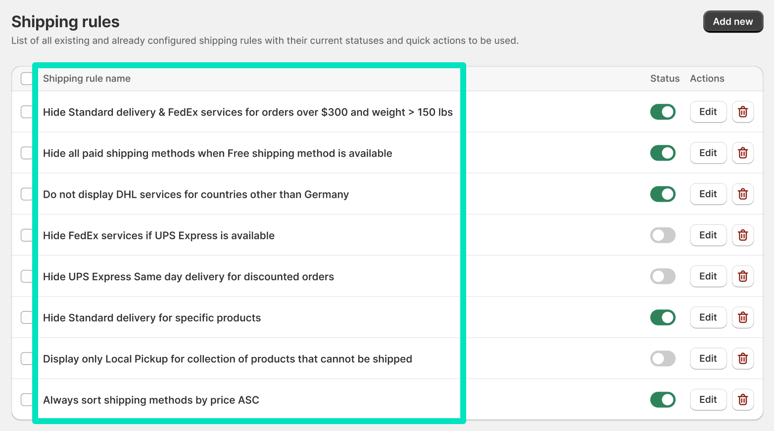 Octolize Hide & Sort Shipping - Shipping rules table's name column