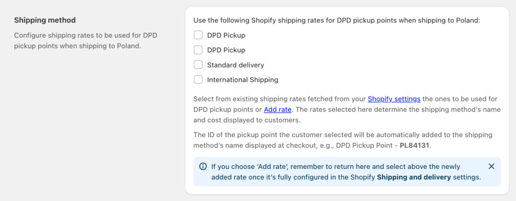 Octolize Pickup Points PRO app - Carrier pickup points configuration screen, Shipping method settings section