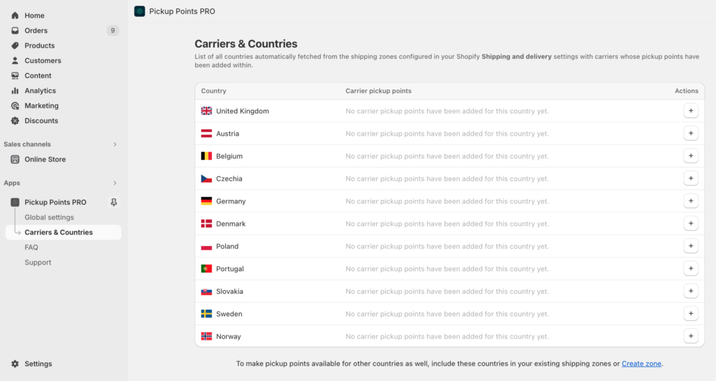 Octolize Pickup Points PRO app - Carriers & Countries table