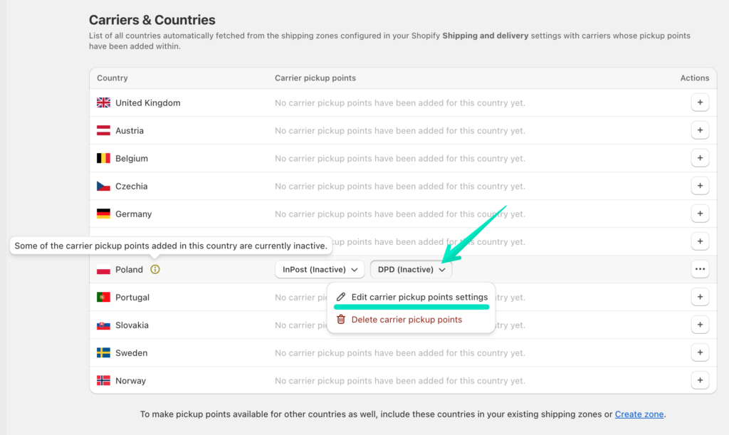 Octolize Pickup Points PRO app - Edit carrier pickup points settings