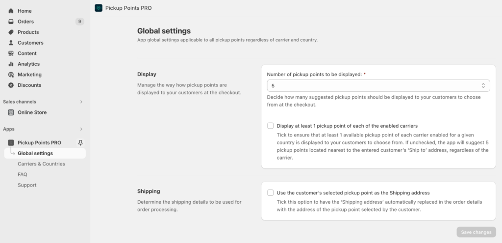 Octolize Pickup Points PRO app - Global settings