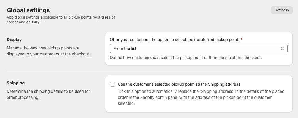 Octolize Pickup Points PRO app - Global settings on Shopify Plus