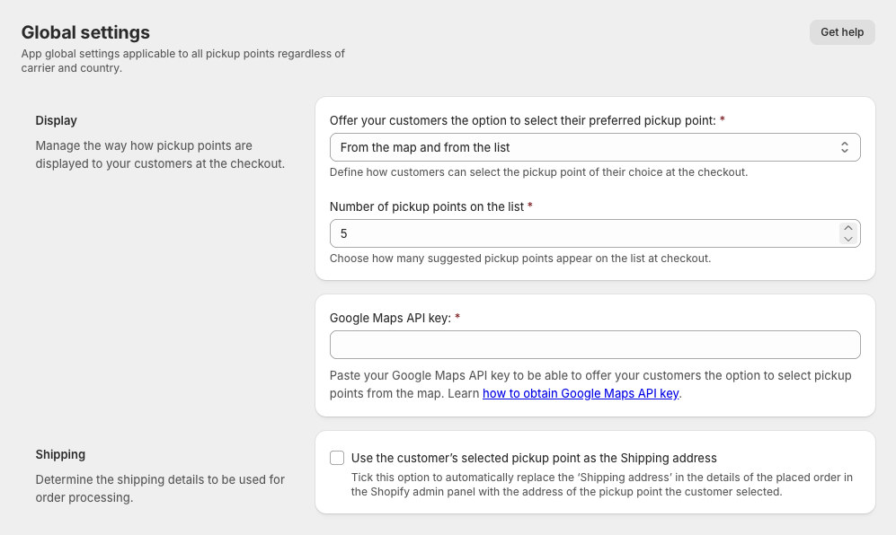 Octolize Pickup Points PRO app - Global settings on Shopify Plus