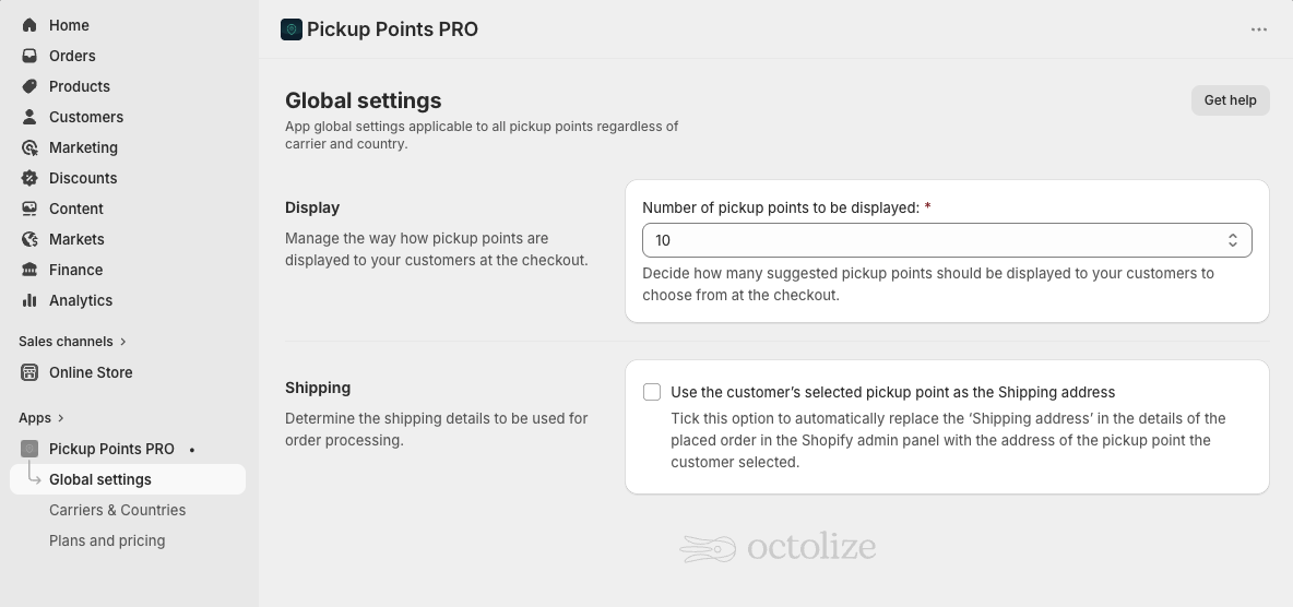 Octolize Pickup Points PRO app - Global settings
