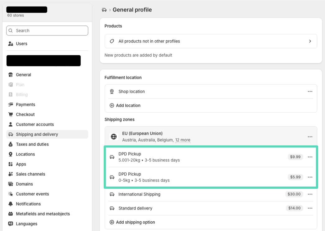 Shopify Shipping and delivery settings - Shipping rates for pickup points added within a shipping zone