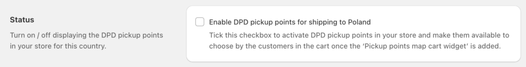 Octolize Pickup Points PRO app - Carrier pickup points configuration screen, Status settings section