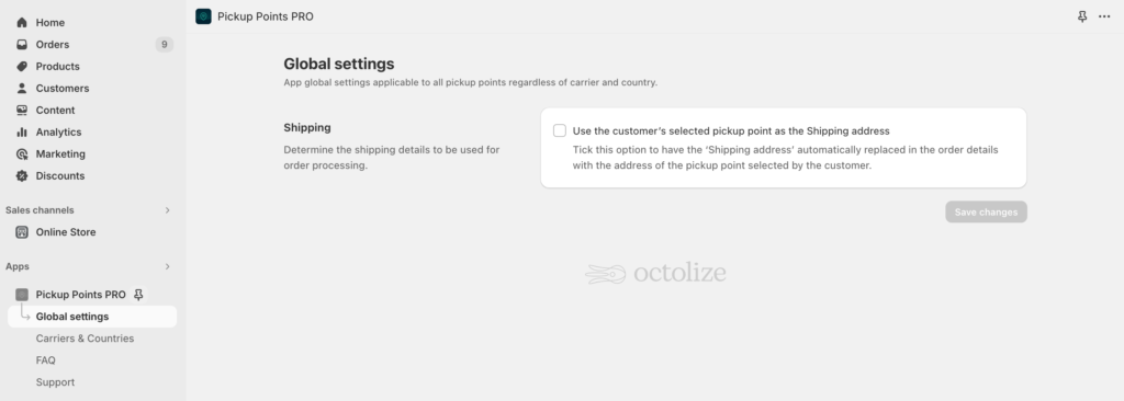 Octolize Pickup Points PRO app No CSAPI - Global settings