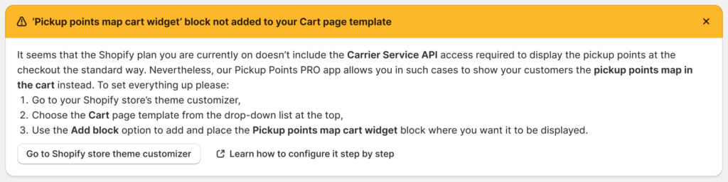 Octolize Pickup Point PRO app - Pickup points map cart widget block not added info banner