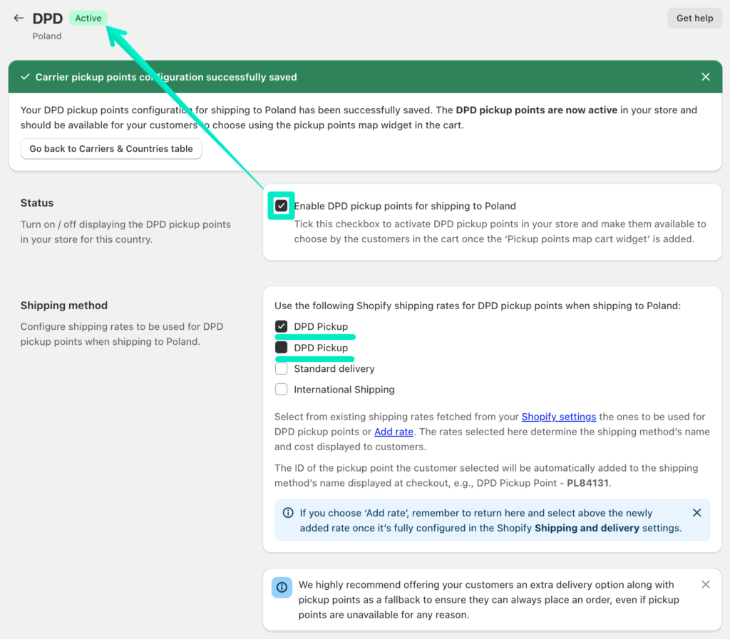 Octolize Pickup Points PRO app - Pickup points configured and active