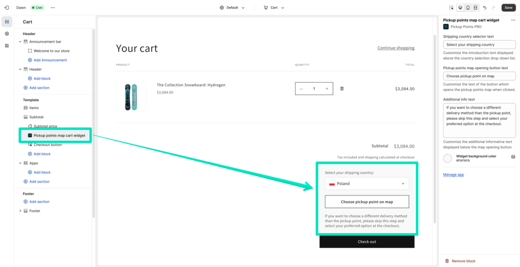 Octolize Pickup Points PRO app - Pickup points map cart widget block added