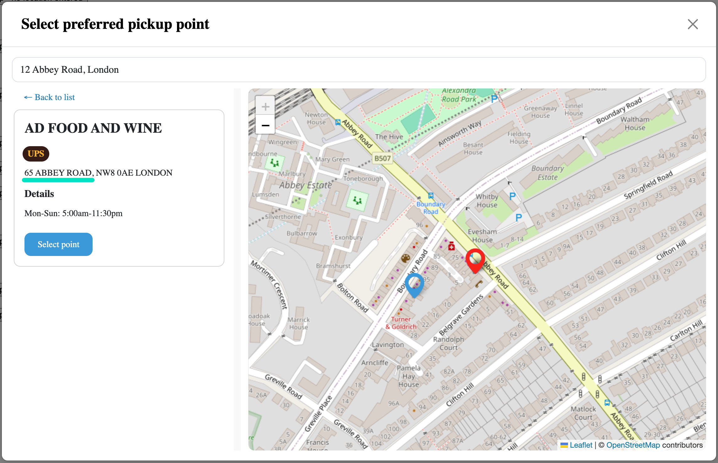 Selected pickup point on a map