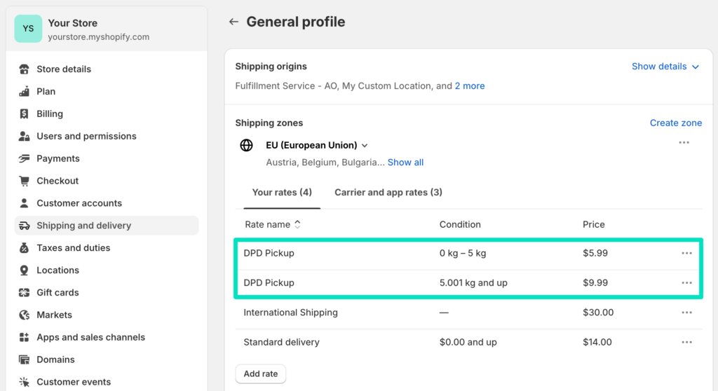 Shopify Shipping and delivery settings - Shipping rates for pickup points added within a shipping zone