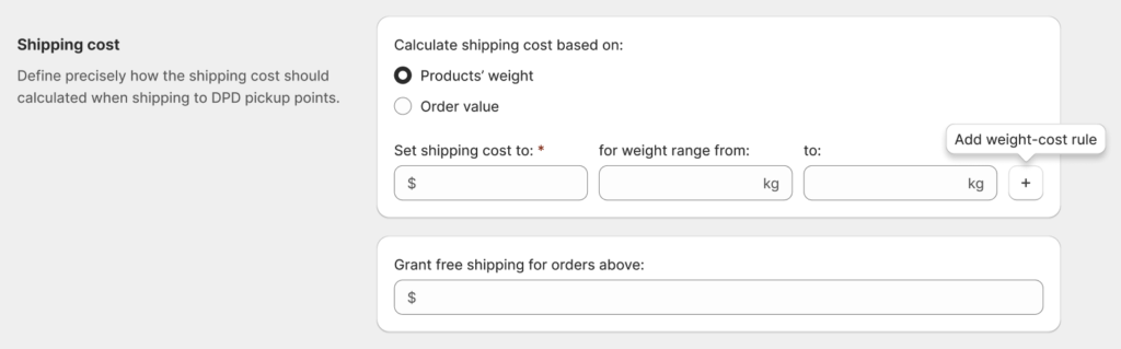 Octolize Pickup Points PRO app - Shipping cost settings section