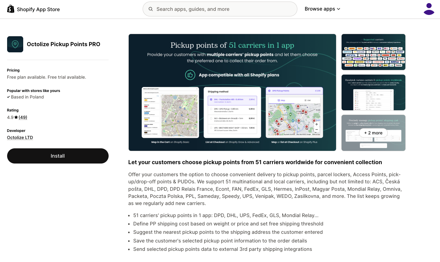 Octolize Pickup Points PRO Shopify App store listing