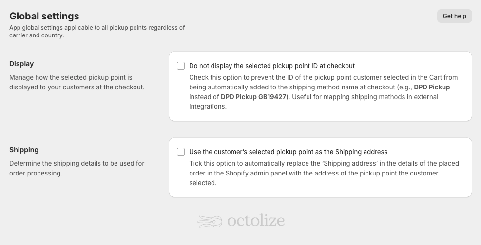 Octolize Pickup Points PRO Shopify app no CSS - Global settings