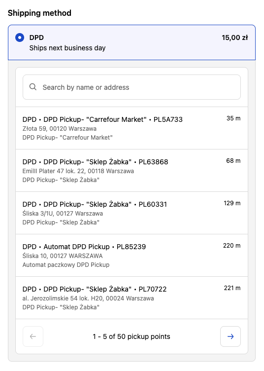 Selecting pickup points from the list at checkout on Shopify Plus
