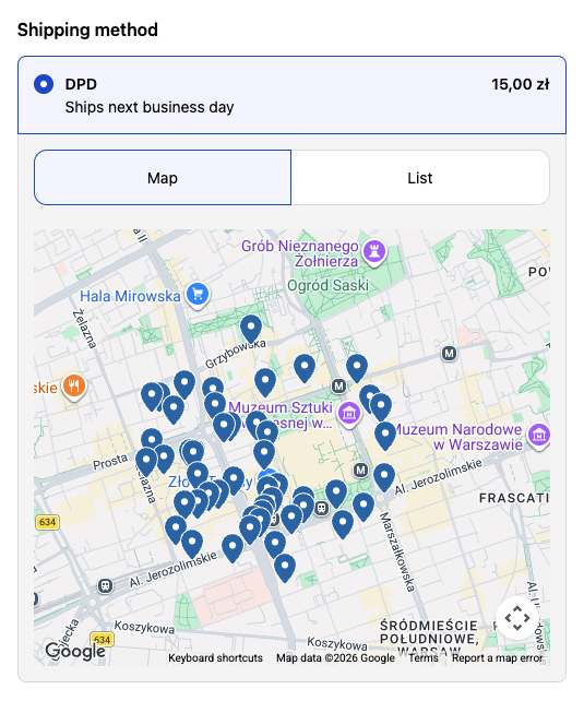 Selecting pickup points from the map or list at checkout on Shopify Plus