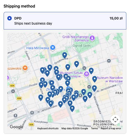Selecting pickup points from the map at checkout on Shopify Plus
