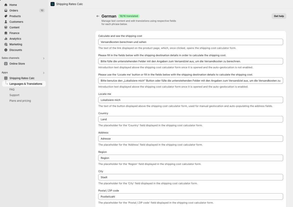 Octolize Shipping Rates Calc: Languages & Translations editing page