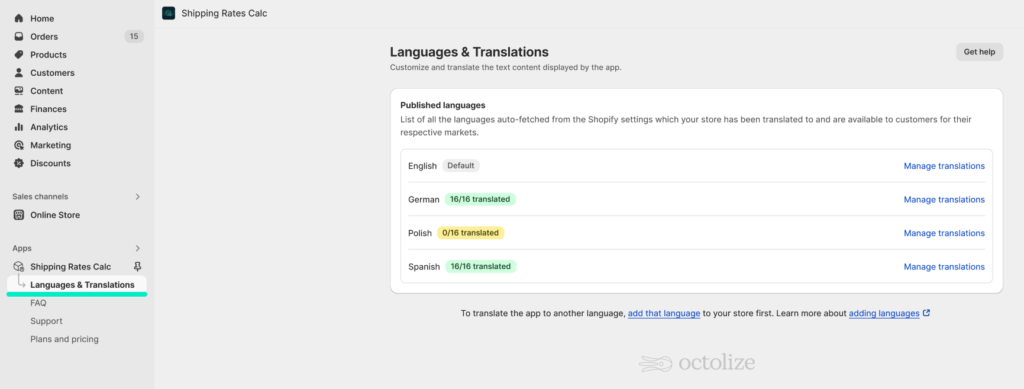 Octolize Shipping Rates Calculator: Languages & Translations tab