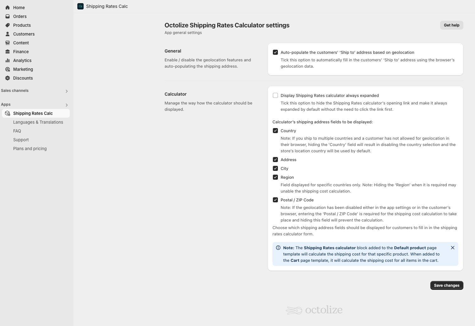 Octolize Shipping Rates Calc Shopify app General settings
