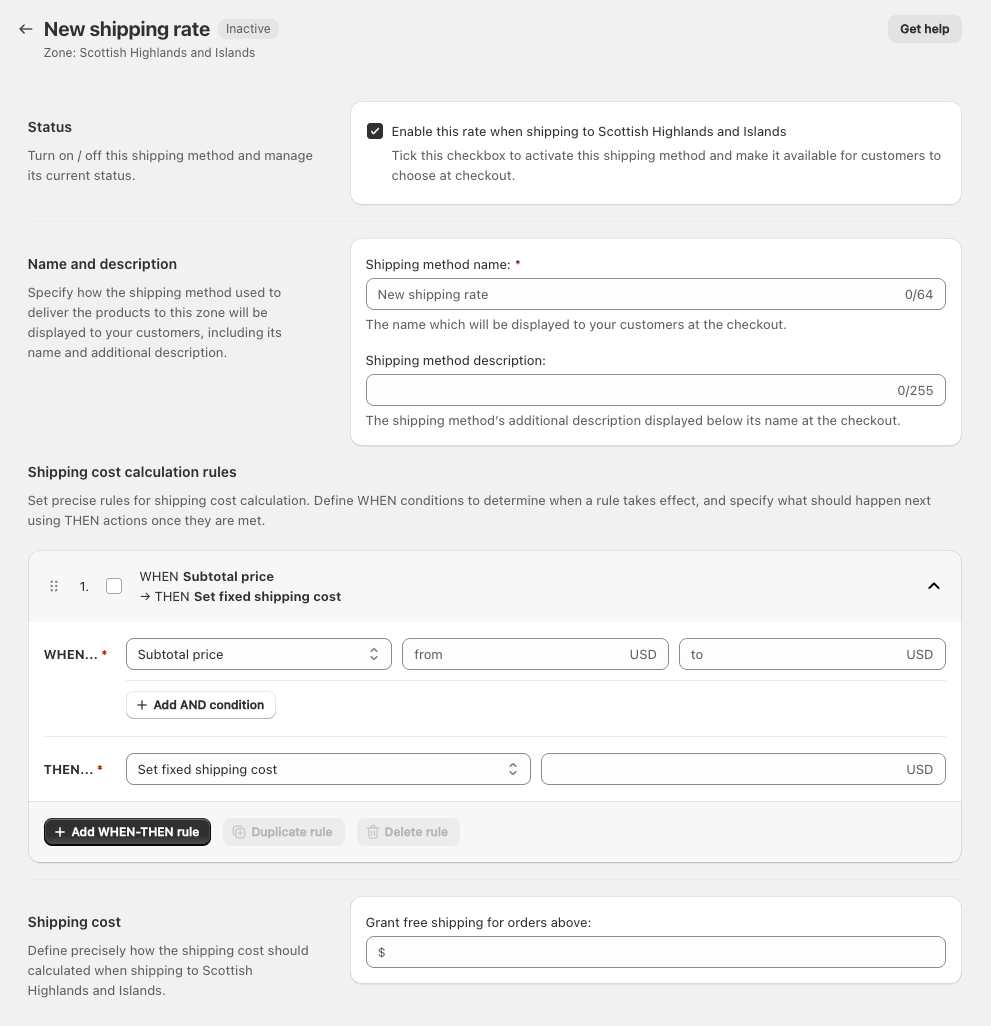 Shipping Rates Rules & Shipping Zones Shopify app: Shipping rate configuration screen
