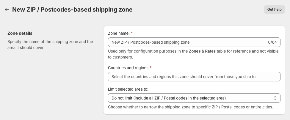 Shipping Rates Rules & Shipping Zones Shopify app: Custom shipping zone configuration screen
