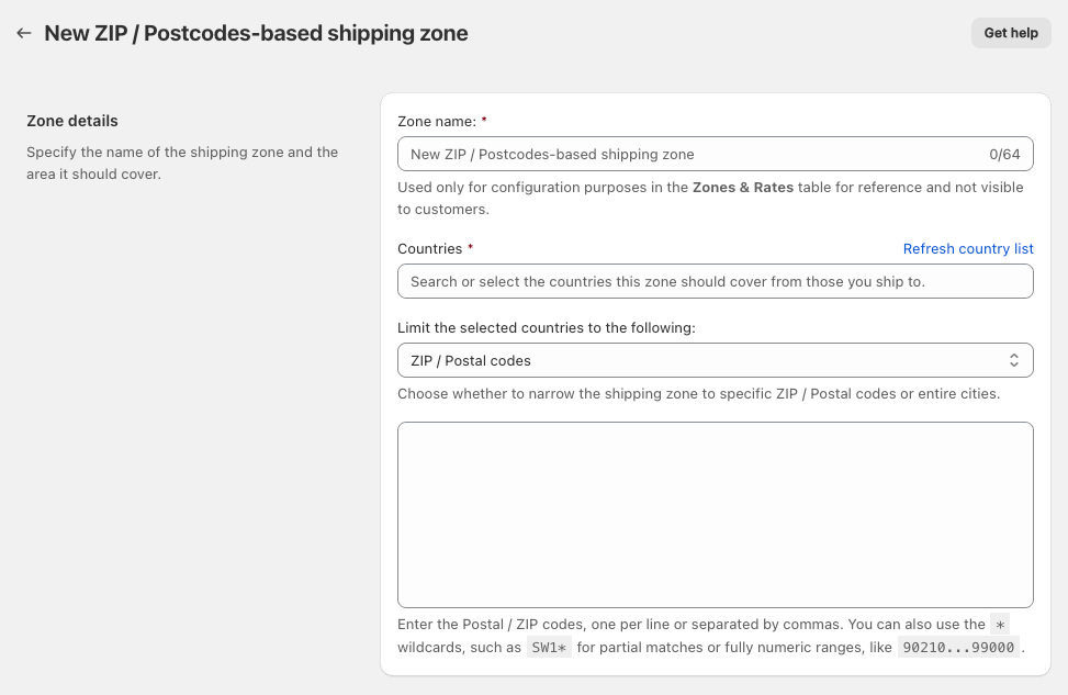 Shipping Rates Rules & Shipping Zones Shopify app: Custom shipping zone configuration screen