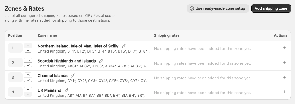 Shipping Rates Rules & Shipping Zones Shopify app: Shipping zones configured but shipping rates not added yet