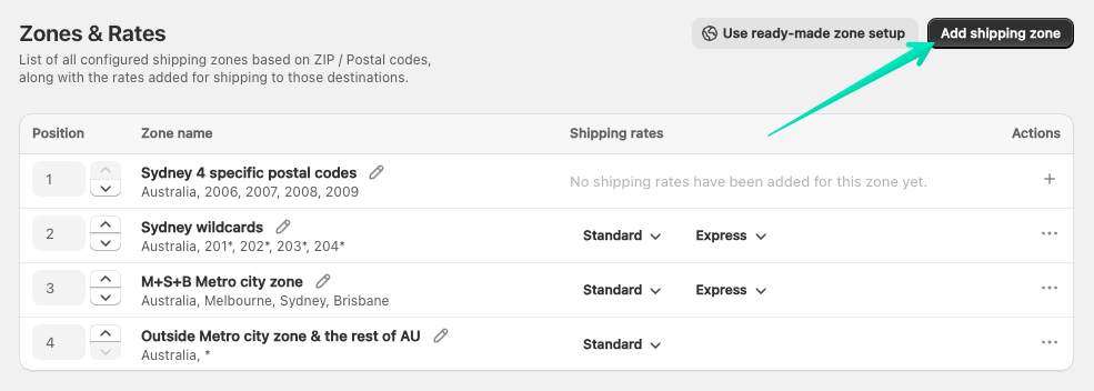 Shipping Rates Rules & Shipping Zones Shopify app: 'Add shipping zone' button