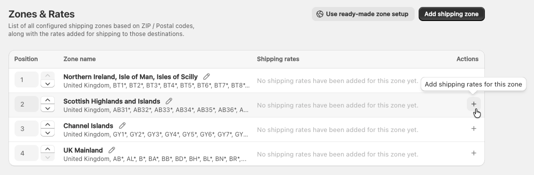 'Add shipping rates for this zone' button