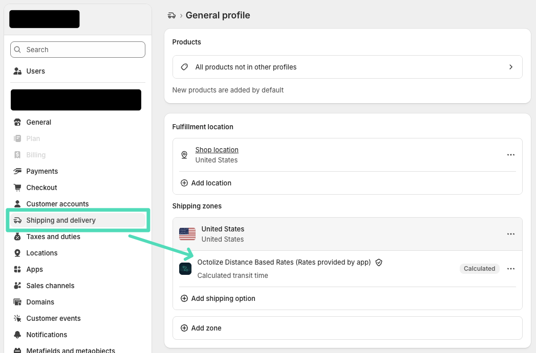 Octolize Distance Based Rates app rates added to Shopify shipping zone