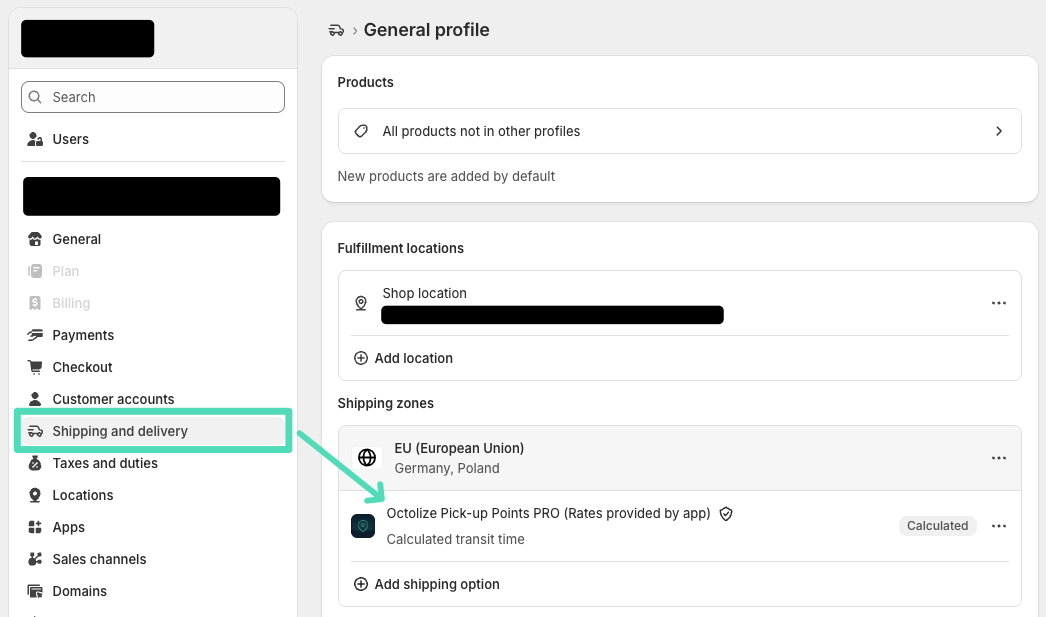 Octolize Pickup Points PRO app rates added to Shopify shipping zone
