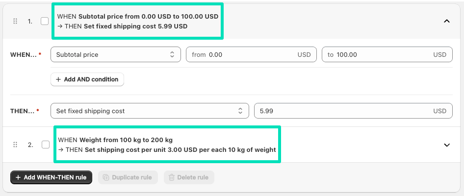 Shipping rates rules labels