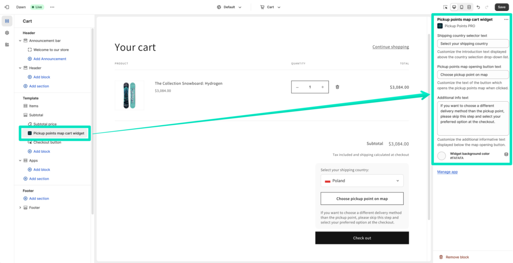 Octolize Pickup Points PRO app - Pickup points map cart widget block's additional customization options