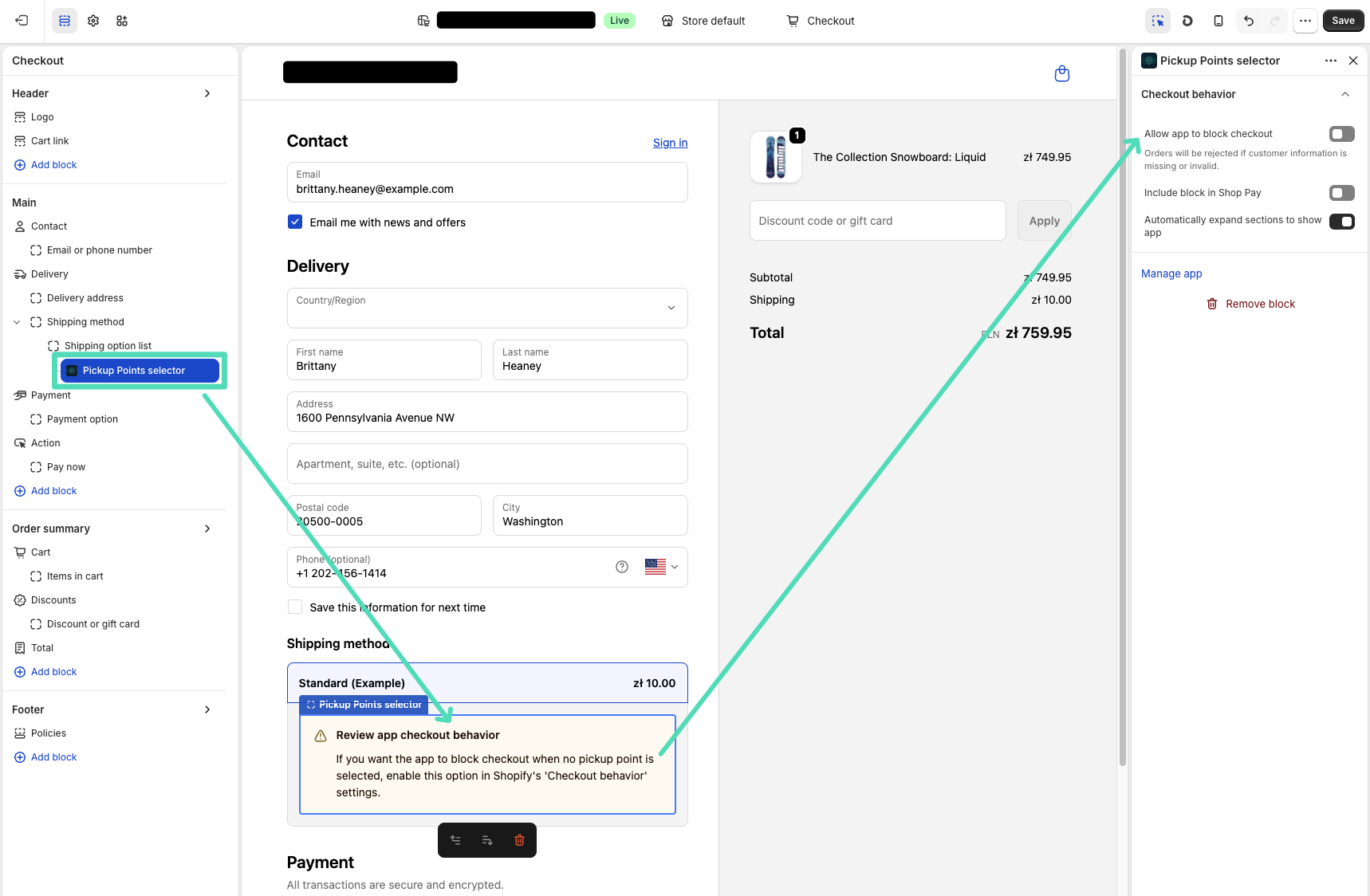 Pickup Points selector checkout block additional options
