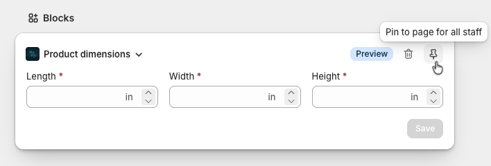 Pinning Product dimensions block to Shopify product details page