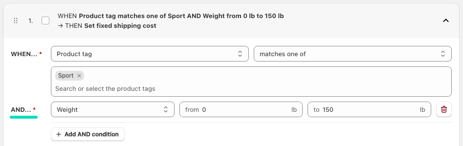 Product tag and Weight conditions combined