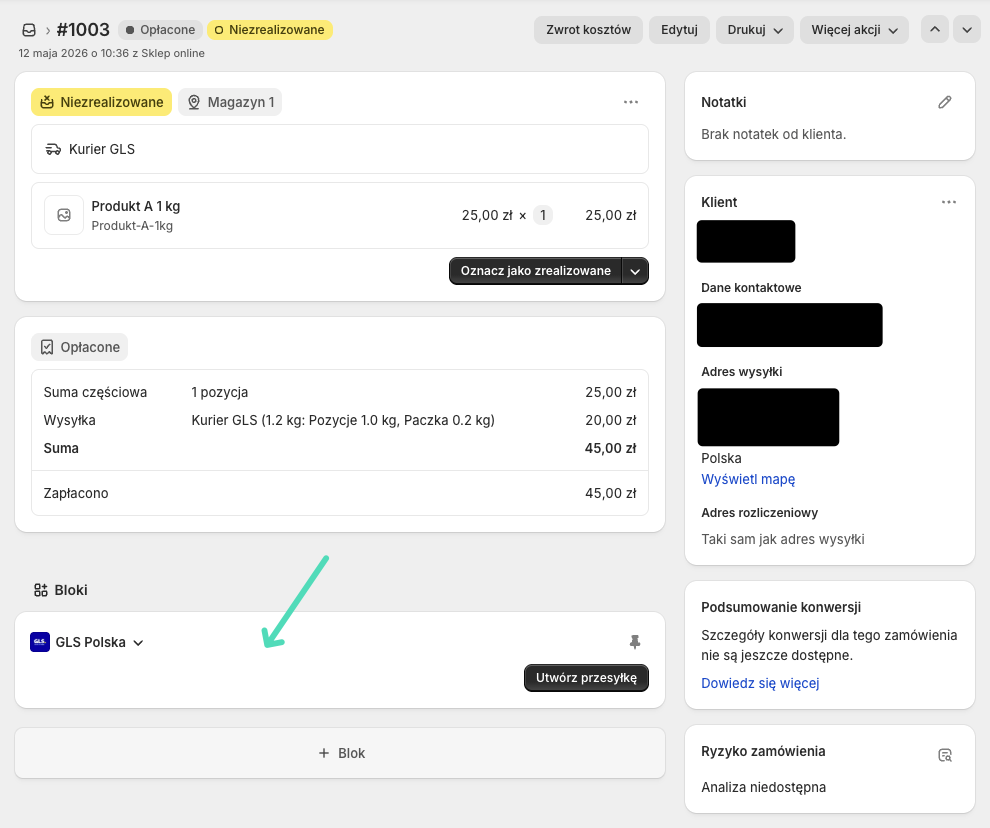 Blok GLS Polska przypięty do ekranu szczegółów zamówienia Shopify