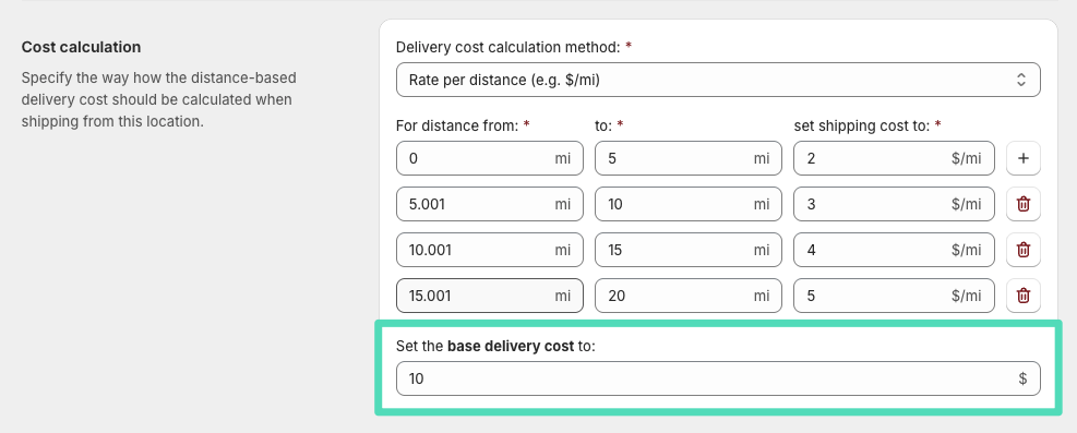 Rate Per Distance With Base Delivery Cost