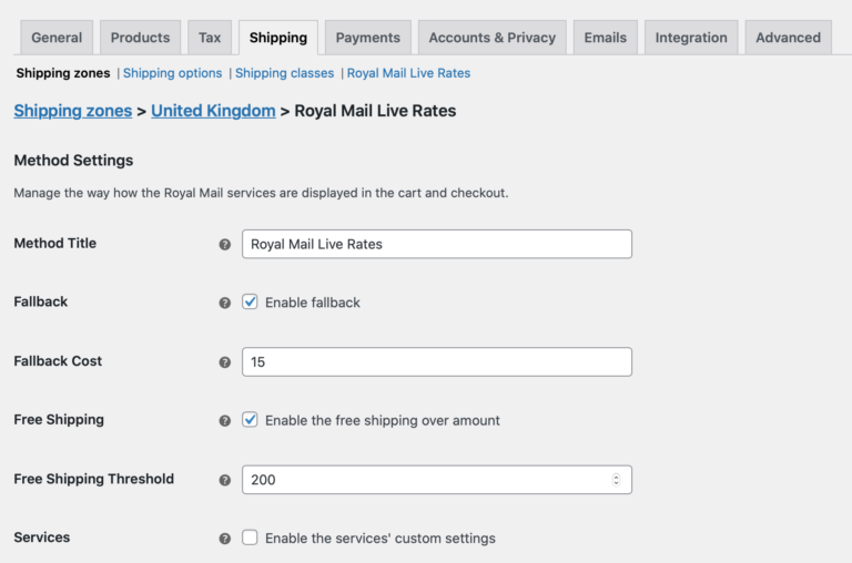 Royal Mail Royal Mail Live Rates shipping method configuration