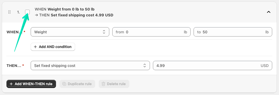 Shipping rate rule selection checkbox
