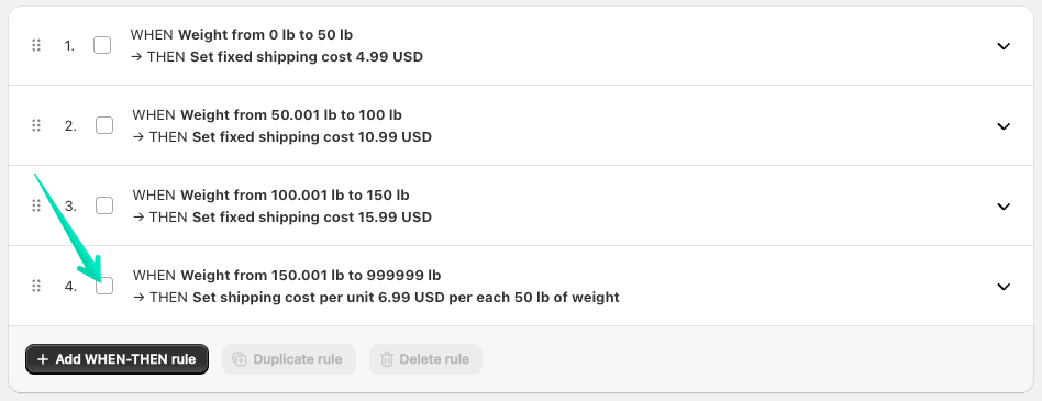 Shipping rate rule selection checkbox