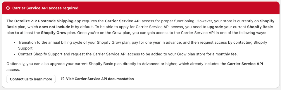 CCS and Carrier Service API access required banner