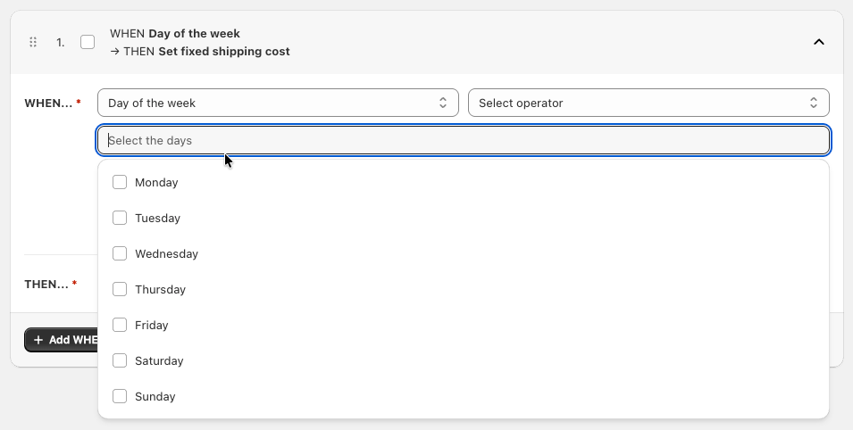 Day of the week selection field dropdown opened