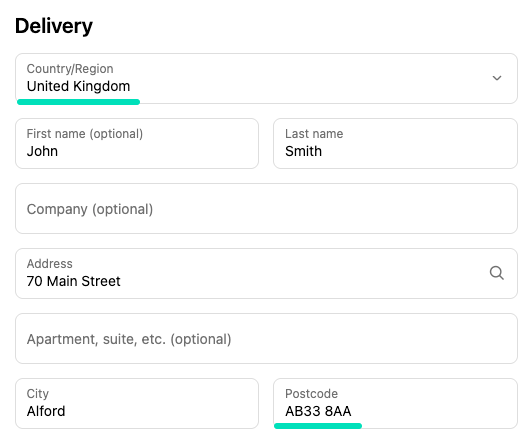 Shopify checkout: Delivery address entered