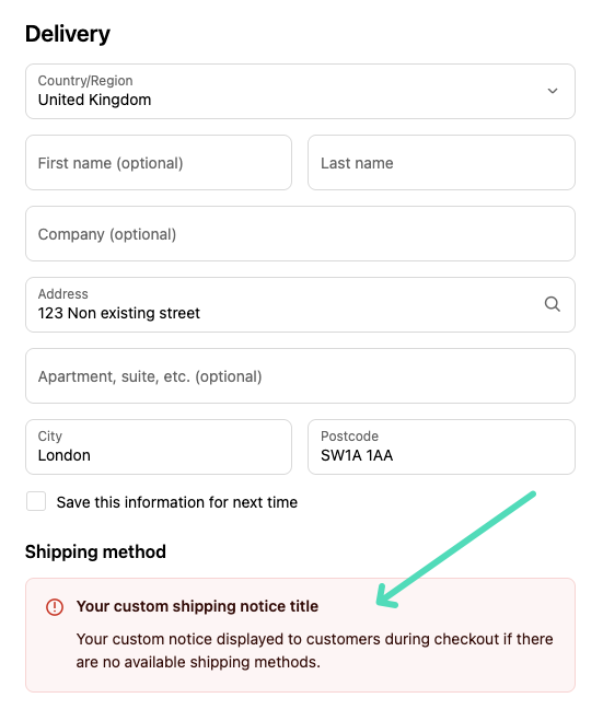 Shopify custom 'Shipping not available' notice at the checkout