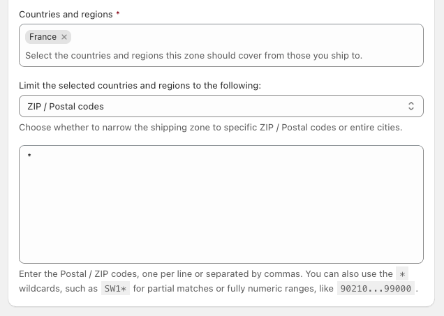Shopify custom shipping zone based on postal codes covering all postal codes in a specific country