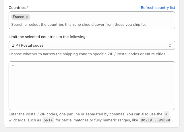 Shopify custom shipping zone based on postal codes covering all postal codes in a specific country